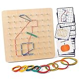 Coogam Hölz Geoboard mit Aktivitäts Muster Karten und Gummi Bändern - 8 x 8 Stifte Geometriebrett Montessori Form Puzzle Brett Inspirieren die Phantasie und Kreativität des Kindes