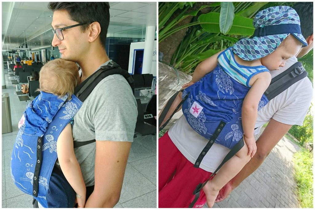 Vater trägt 2jährigen Jungen auf Brust und Rücken mit Kokadi Flip Babytrage